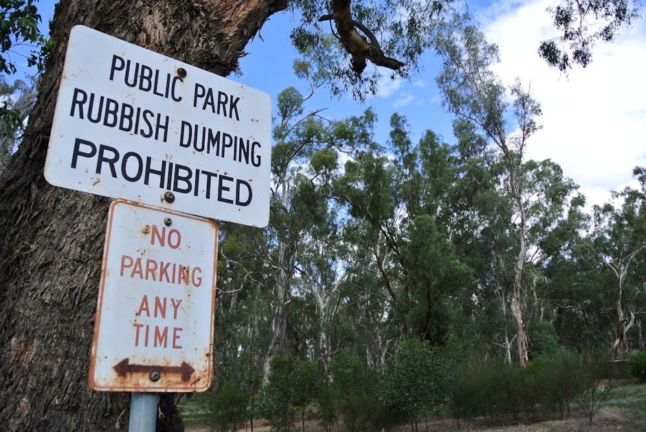 A white metal sign attached to a large, textured tree trunk in a public park, with a backdrop of tall, slender eucalyptus trees and a partly cloudy sky. The sign has bold black lettering reading 'PUBL